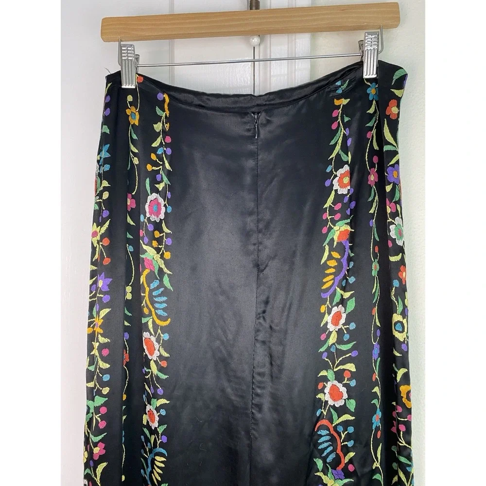 Clio Women's 12 Black Colorful Satin Floral Bird Beaded Fringe Maxi Skirt